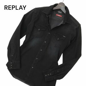 REPLAY リプレイ HYPERFLEX 通年 長袖 USED加工★ 強ストレッチ デニム シャツ Sz.S　メンズ 黒　C4T04697_5#C