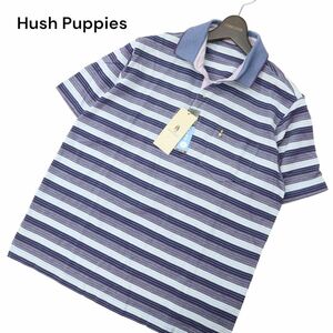 【新品 未使用】 Hush Puppies ハッシュパピー 春夏 半袖 犬 ロゴ刺繍★ 吸水速乾 ボーダー ポロシャツ Sz.L　メンズ　C4T04922_5#A