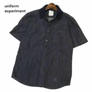 美品★ uniform experiment ユニフォームエクスペリメント 春夏 半袖 ダンガリー デニム ポロシャツ Sz.2　メンズ ネイビー　C4T05041_5#A