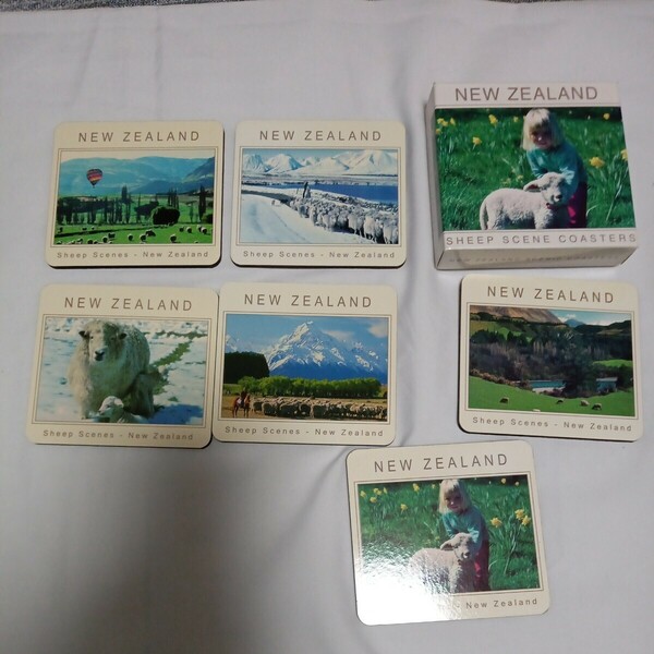 NEW ZEALAND SHEEP SCENE COASTERTS。　コルク　コースター6枚。配送料無料。