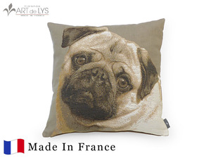 ART DE LYS クッションカバー 50×50cm フランス製 ゴブラン織り インテリア 小物 枕 動物 犬 いぬ パグ Pug's face 2043G グレー