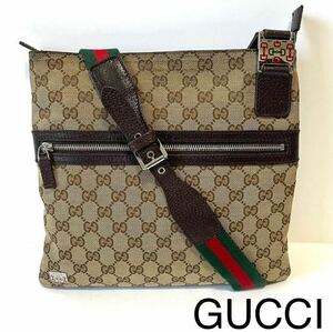 【良品】GUCCI グッチ　ショルダーバッグ　GGキャンバス×レザー　ブラウン