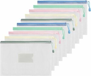 即購入可！ジッパー式ファイル袋 半透明 メッシュ ファイルバッグ 5色 10個セット A4 グリッド線デザインジッ 防水