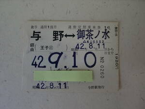 国鉄　通勤定期乗車券　2等通用1箇月　与野－御茶ノ水　昭和42年8月11日発行　JNR　日本国有鉄道