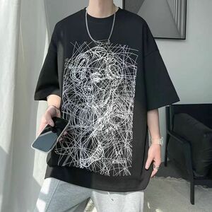 アート柄　落書き Tシャツ 黒 ブラック 2XL フロントプリント