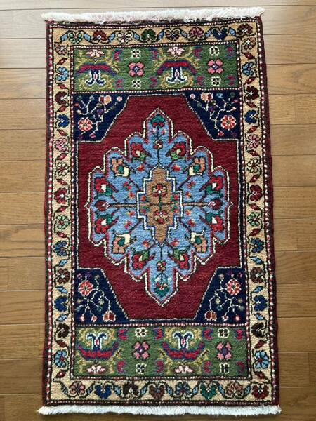 トルコ絨毯　手織り　90㎝×53㎝　年代物　ヴィンテージ　絨毯　ラグ　トルコ雑貨