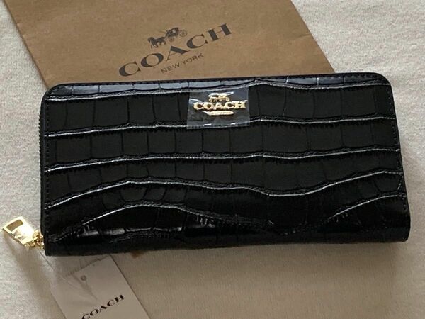 新品 COACH コーチ 長財布　ブラック　クロコダイル　型押し