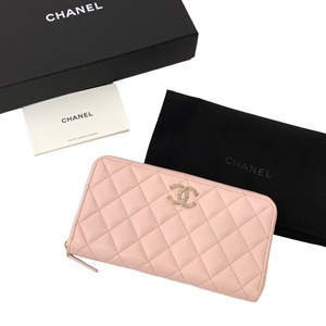 未使用品 2023AW CHANEL シャネル　ラウンドファスナー 長財布 キャビアスキン CCビジュー ピンク