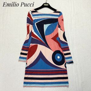 Emilio Pucci エミリオプッチ ワンピース シルク100% チュニック ひざ丈 プッチ柄 マルチカラー 総柄 ロゴ金具 バックオープン ゴールド