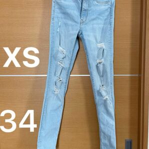 H&M 34 xs s デニム ジーンズ クラッシュ スリム スキニー エイチアンドエム　ライトブルー