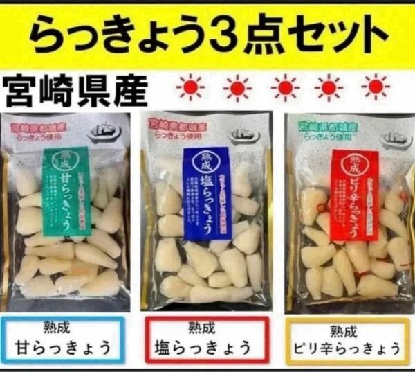 【宮崎のお漬物】熟成・甘らっきょう　塩らっきょう　ピリ辛らっきょう　3袋セット