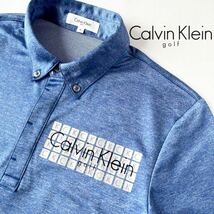 (美品) カルバンクライン ゴルフ Kalvin Klein golf 吸汗速乾 ボタンダウン ポロシャツ M ブルー シルバー サラサラ 比翼仕立 半袖 シャツ_画像1