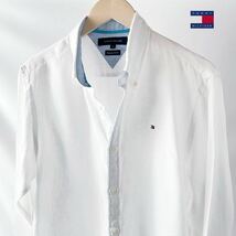 (美品) トミー ヒルフィガー TOMMY HILFIGER ボタンダウン リネン 長袖シャツ XL ホワイト ブルー 麻 シャツ 白_画像1