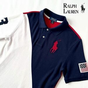  Ralph Lauren RALPH LAUREN big po knee polo-shirt L 14-16 ( Japan M) white navy red Bick po knee short sleeves shirt 