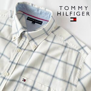 (美品) トミーヒルフィガー TOMMYHILFIGER ボタンダウン 半袖シャツ L (XL) アイボリー ホワイト ブルーグレー チェック柄 シャツ
