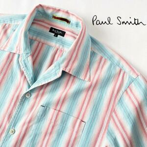 (美品) ポールスミス コレクション PaulSmith ストライプ 半袖 オープンカラー シャツ L ブルー サーモンピンク シャツ