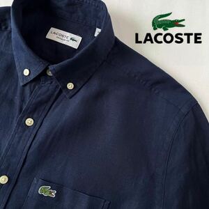 (美品) ラコステ LACOSTE ボタンダウン リネン 半袖シャツ FR38 US S (日本M) ダーク ネイビー 麻 シャツ CH161EL 濃紺