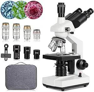 複合三目顕微鏡 40X-5000Xの最大倍率 LEDライト 広角10Xと25X目鏡三目複合生物の顕微鏡 学校勉強 実験顕微鏡 (シ