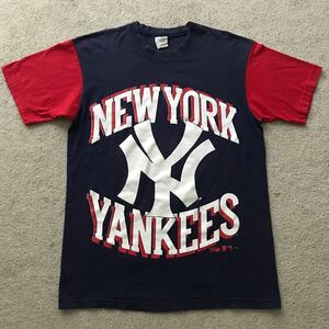90s USA製 majestic マジェスティック MLB NY YANKEES ニュヨーク ヤンキース 2トーン Tシャツ (L) ビンテージ メジャーリーグ 野球 90年代