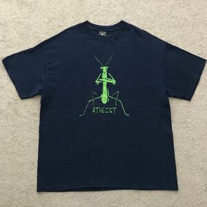 00's HANES BEEFY-T ヘインズ ビーフィー カマキリ ATHEIST 無神論者 Tシャツ ネイビー XL 00年代 紺 昆虫 イラスト オモシロT