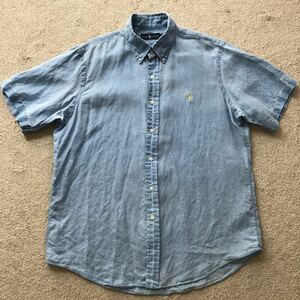 POLO Ralph Lauren ポロ ラルフローレン 半袖 リネン ボタンダウン シャツ S/S LINEN B.D. シャツ サックスブルー 麻 LARGE 00s 10s