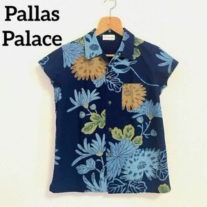パラスパレス　Pallas Palace インディゴ　手描き フラワー　半袖　ブラウス　アロハ　Mサイズ