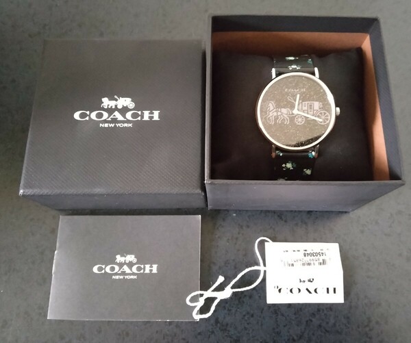 COACH コーチ レディース 腕時計 美品 専用ケース タグ付 動作確認済 時計 レザーベルト 馬車 花柄 送料無料