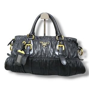 1円 PRADA プラダ ハンドバッグ 2way ショルダーバッグ 黒 ブラック レザー ギャザー ナッパレザー NERO ネームタグ 白タグ ゴールド金具の画像2