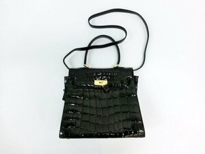 キングラムfhi☆ロダニア RODANIA クロコダイル ケリー型ハンドバッグ ブラック×ゴールド金具 クロシェット/キー【中古】