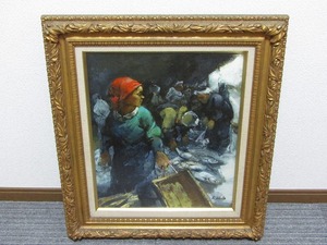 Art hand Auction EF23-7798[GGG] [Аутентичный] Кадзуо Кудо Картина маслом Размер F8 Утренний рыбный рынок в рамке Подпись художника Согенкай Председатель, Ниттен Попечитель, Леди, Рисование, Картина маслом, Портреты