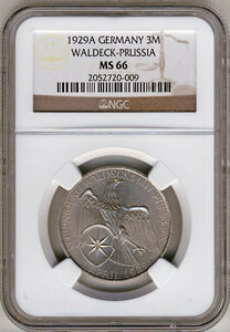 ●ドイツ（ワイマール共和国） 1929年A NGC MS66 ヴァルデック 3レイヒスマルク銀貨★