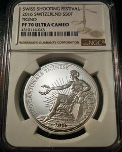 ●スイス 2016年 NGC PF70UC 現代射撃祭 ティチーノ 50フラン銀貨★