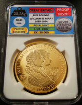 ●英領オルダニー 2007年 PCCB PROOF-MS70 ウィリアム3世 & メアリー2世 5ポンド銀貨 GILT ★_画像1