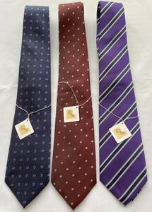 ネクタイ　未使用　３本セット　濃紺の小紋柄、えんじ色ドット、紫系ストライプ