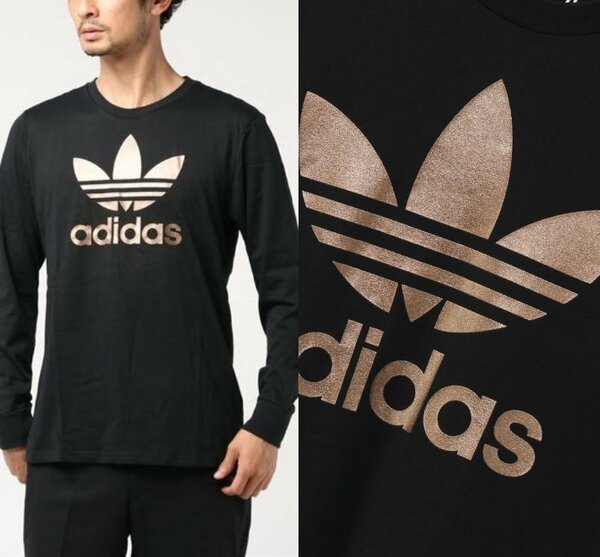 最後 L adidas Originals トレフォイル LS Tシャツ 検 ゴールド メタリック 長袖 レディースOK ロンT オリジナルス ビッグロゴ ブラック 黒