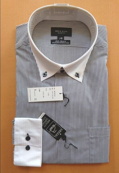 MALE&Co.　ワイシャツ ストライプ メンズ 　サイズ L-86 ビジネスシャツ　長袖 ノーアイロン 形態安定 未使用品
