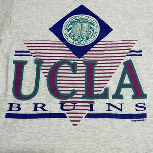 80s 90s USA製 半袖 カレッジ プリント Tシャツ グレー 水色の霜ふり Sサイズ ビンテージ vintage UCLA ワキ汚れあり【洗濯済み