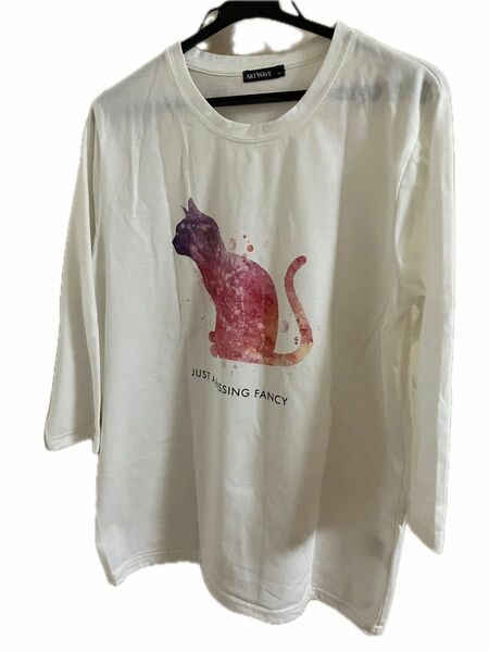 Tシャツ カットソー ホワイト 7分丈 猫