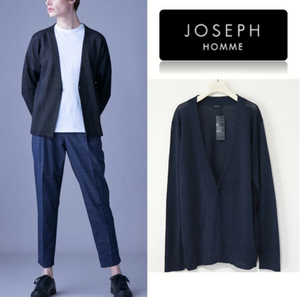 25,300円新品タグ付き【JPSEPH HOMME ジョセフオム】ドライペーパープレーン ノーカラーカーディガン 紺 50(XL) v4996-2069