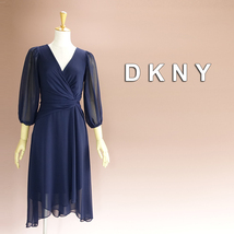 新品 DKNY 14W/21号 ダナキャラン 紺 シフォン ワンピース パーティドレス 長袖 大きいサイズ 結婚式 二次会 フォーマル 発表会 葵39C0406_画像1