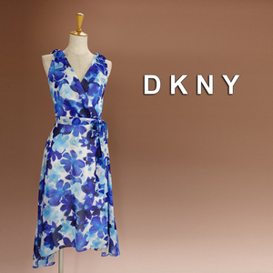 新品 DKNY 8/13号 ダナキャラン 白 青 シフォン ワンピース パーティドレス 結婚式 二次会 披露宴 フォーマル お呼ばれ 発表会 輝47C1406