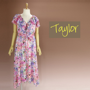 新品 Taylor 14W/21号 ピンク 青 花柄 ワンピース パーティドレス 半袖 大きいサイズ 結婚式 二次会 フォーマル お呼ばれ 発表会 葵37C2003