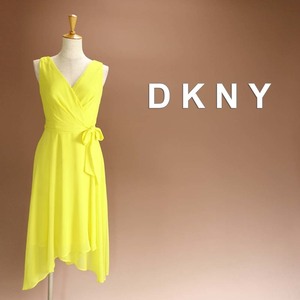 半額セール★新品 DKNY 2/9号 ダナキャラン 黄色 シフォン Aライン ワンピース パーティドレス 結婚式 二次会 フォーマル 華34HH2908