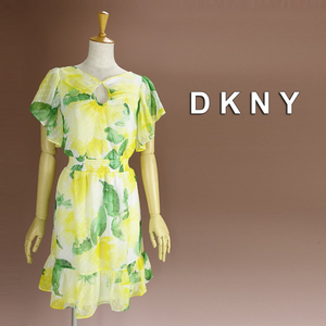 半額セール★新品 DKNY 14/19号 ダナキャラン 黄色 緑 白 花柄 ワンピース パーティドレス 半袖 大きいサイズ 結婚式 二次会 凛46HH2409