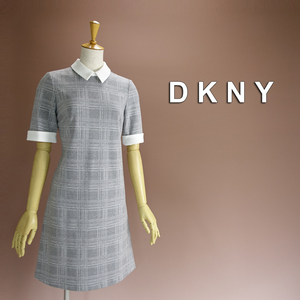 半額セール★新品 DKNY 2/7号 ダナキャラン グレー 白 チェック ワンピース パーティドレス 半袖 結婚式 二次会 フォーマル 慶46NN0503