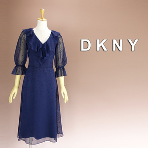 半額セール★新品 DKNY 2/9号 ダナキャラン 紺 シフォン 五分袖 ワンピース パーティドレス 結婚式 二次会 フォーマル お呼ばれ 華33QQ2304