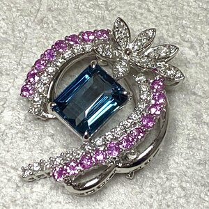 ☆Pt900プラチナ　天然トパーズ 6.81ct/ダイヤモンド 0.82ct/ピンクサファイア 1.18ct　ブローチ　鑑別書付き【中古/USED】