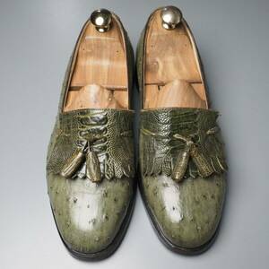 GN0517// Italy made * leak ski /MORESCHI*book@ Ostrich +o- -stroke leg / quilt tassel Loafer / leather slip-on shoes / leather shoes / green / green 