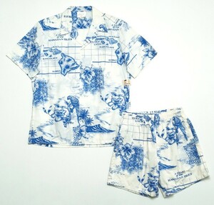 TG5433* with defect dead stock Hawaii made Howie men's M top and bottom set total pattern short sleeves aloha shirt + shorts / short pants white × blue vintage