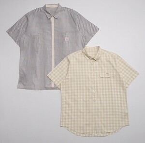 W8780/8778* Papas /PAPAS 2 pieces set short sleeves stripe / regular color shirt + check / button down shirt men's L blue / beige group 